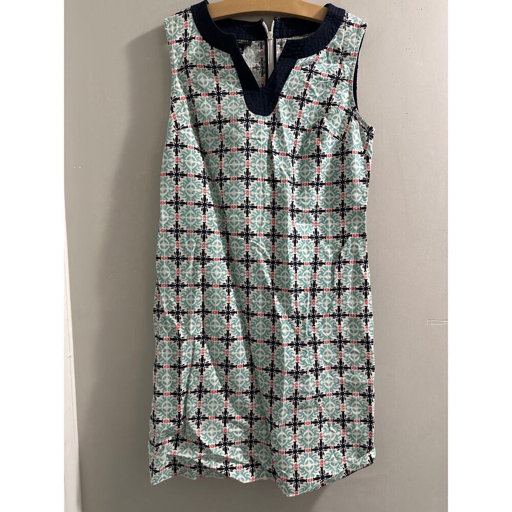🔴Talbots Linen Teal Blue Geometric Print Shift Dress Size‎ 4P Petite